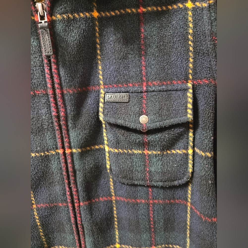 Lauren Ralph Lauren Vintage 90s Fleece Plaid Zip Green Yellow Red Front Jacket - Picture 6 of 8